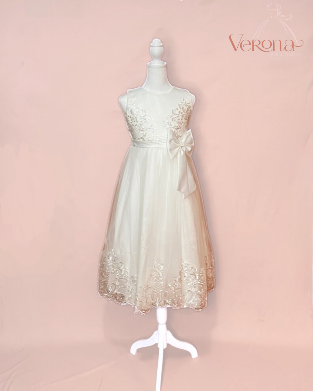 First Communion Dress - Embroidered flowers and bow