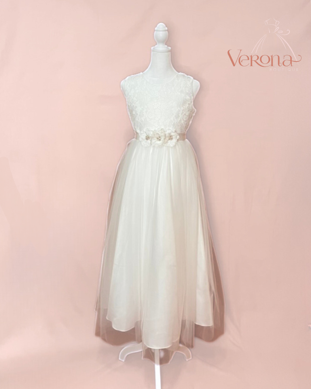 First Communion Dress - Lace top and Flower Belt