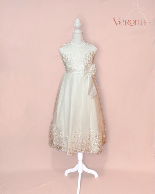 First Communion Dress - Embroidered flowers and bow