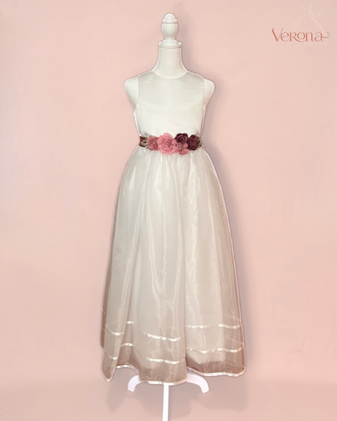 First Communion Dress - Pink Flowers Belt