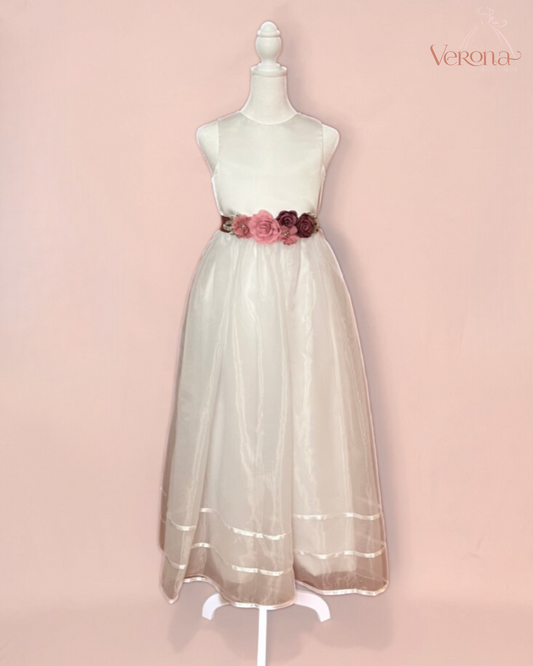 First Communion Dress - Pink Flowers Belt