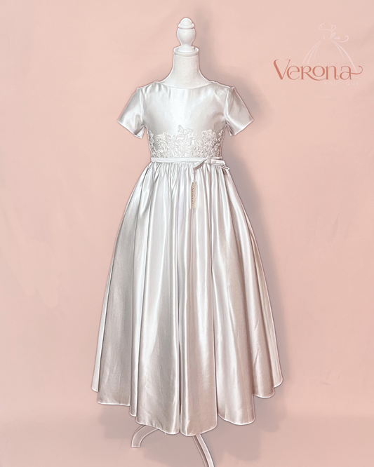 First Communion Dress - Satin and Flowers