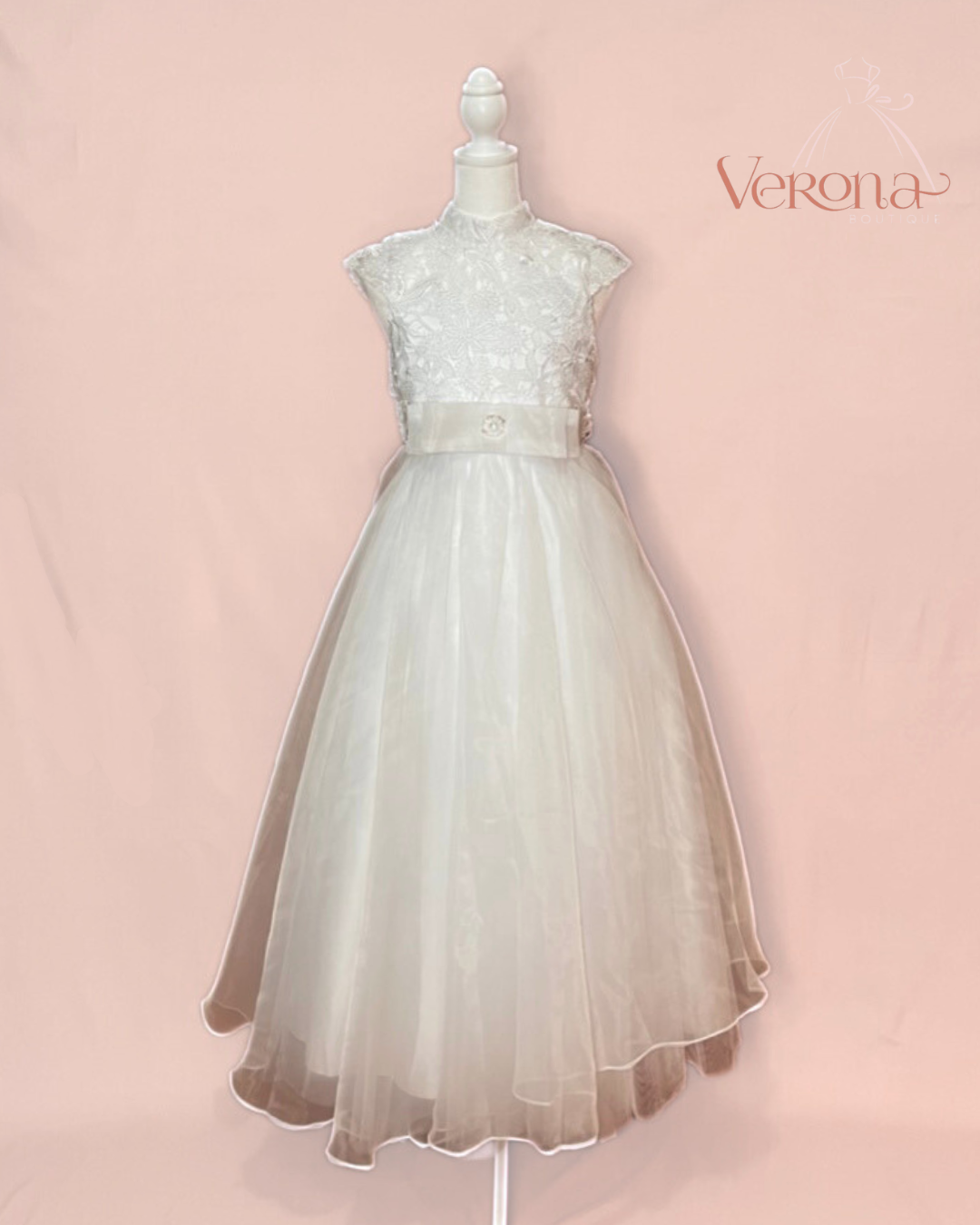First Communion Dress - Lace top and bow