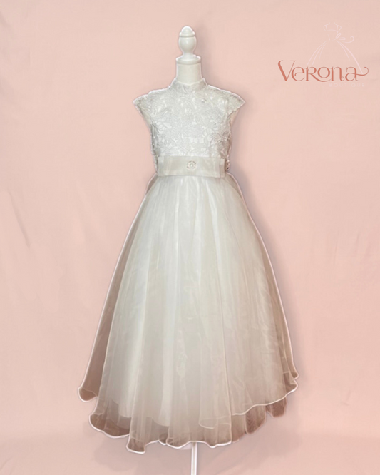 First Communion Dress - Lace top and bow
