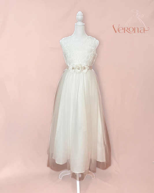 First Communion Dress - Lace top and Flower Belt